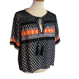 Ark & Co Black and Orange Printed Tie-Front Blouse